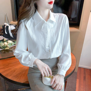 RS49589#春季新款蝴蝶结系带气质白色衬衫长袖蕾丝拼接雪纺上衣