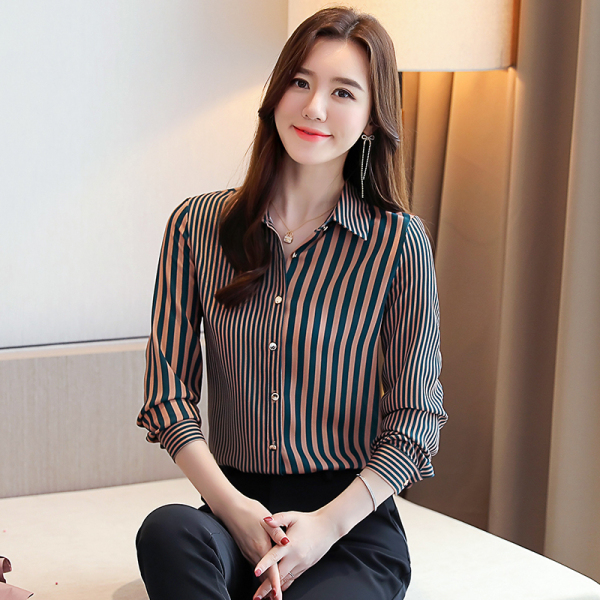 RS49370#春季新款韩版条纹衬衫女职业上衣宽松显瘦衬衣打底衫长袖