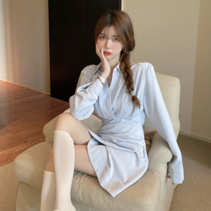 RS49537#微胖妹妹新款韩版高腰显瘦连衣裙衬衣领裙子女设计感
