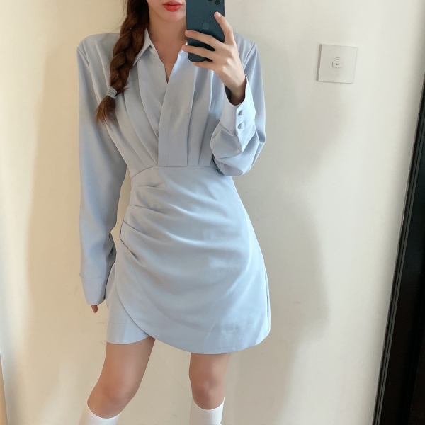 RS49537#微胖妹妹新款韩版高腰显瘦连衣裙衬衣领裙子女设计感