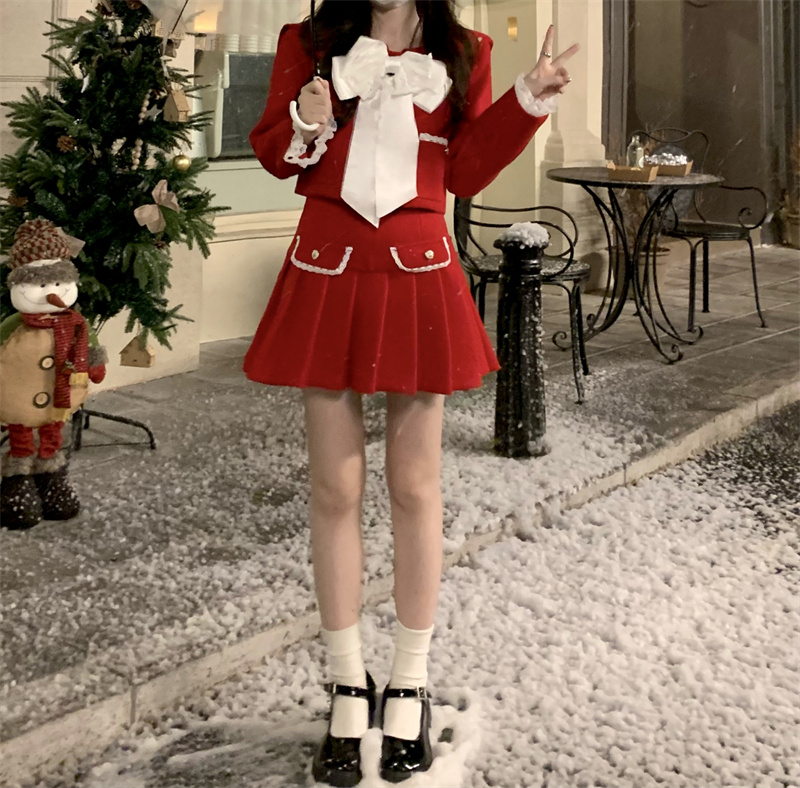 实拍~新年圣诞复古红色毛呢套装海军娃娃领外套