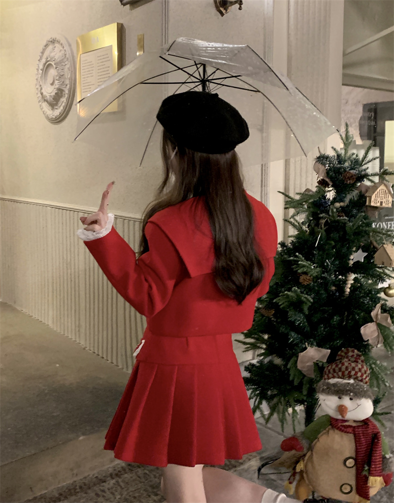 实拍~新年圣诞复古红色毛呢套装海军娃娃领外套