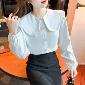 RS49590#春季新款纯色甜美娃娃领单排扣长袖衬衫女韩版雪纺上衣