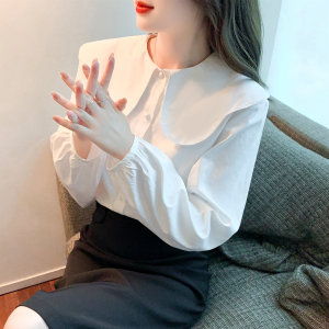 RS49590#春季新款纯色甜美娃娃领单排扣长袖衬衫女韩版雪纺上衣