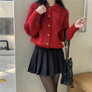 RS49594#新款冬季圣诞红毛衣针织开衫外套女