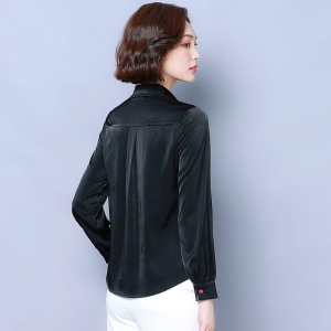 RS49622#真丝衬衫女长袖春季新款韩版绣花上衣黑色缎面衬衣