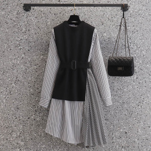RS49632#春季新款大码女装时尚减龄百褶衬衫连衣裙针织马甲两件套