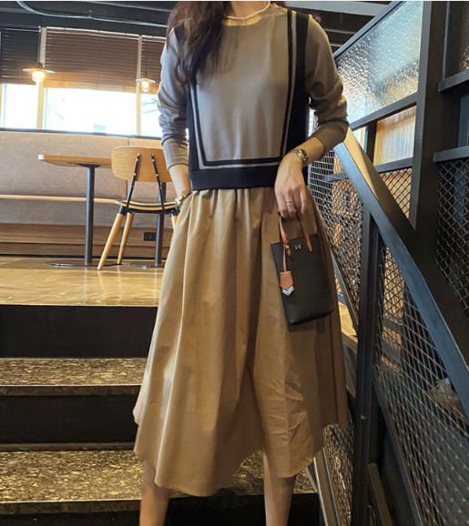 KM30770#韩国东大门新款优雅淑女配色针织拼接假2件连衣裙长裙