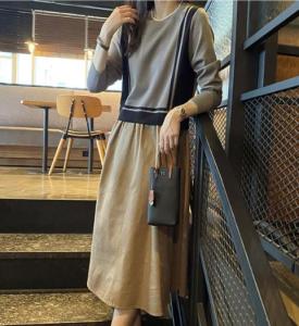 KM30770#韩国东大门新款优雅淑女配色针织拼接假2件连衣裙长裙