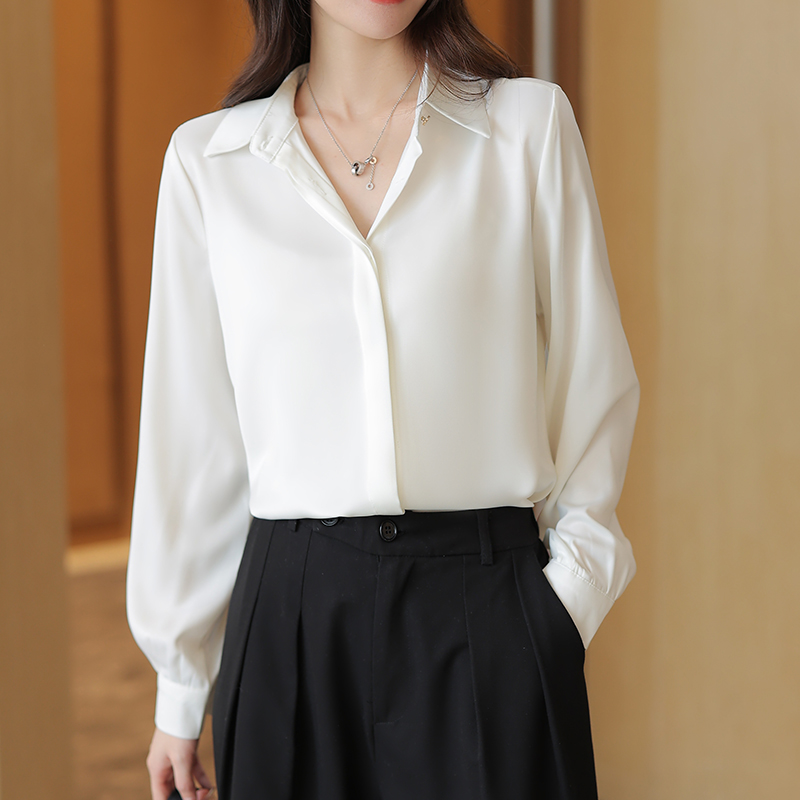 2026春季新款白色襯衫女長袖韓版面試職業正裝緞面襯衣女上衣
