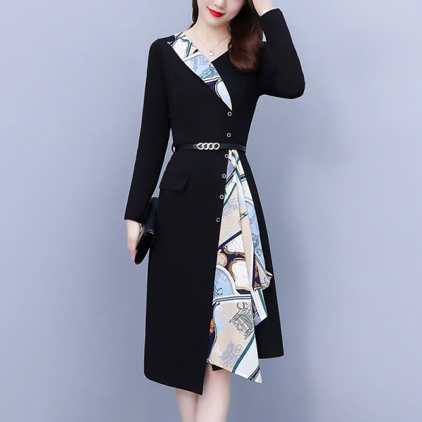 RM22445#大码女装2023秋季新款气质优雅时尚显瘦碎花拼接连衣裙