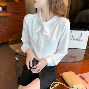 RM396#甜美领结雪纺衬衫女春2023新款设计感小众温柔复古法式衬衫袖上衣