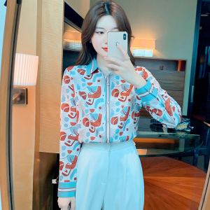 RM22670#新款印花雪纺衫女单排扣长袖垂感翻领显瘦衬衫女