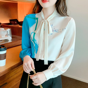 RM22672#新款气质印花撞色系带衬衫摩登中国风艺术家气质衬衣