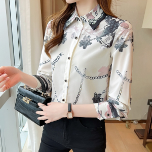 RM22673#新款高端气质定位印花长袖优雅精致小香风真丝上衣