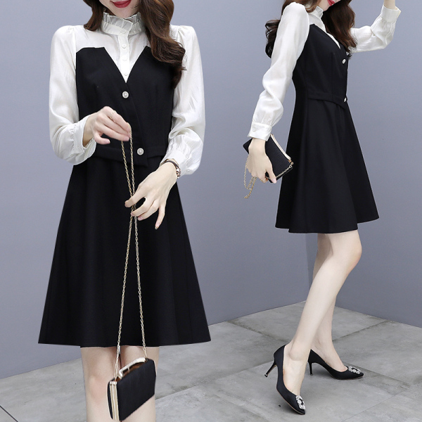 RM1866#假两件连衣裙女长袖 新款高级感气质秋冬打底黑色裙子