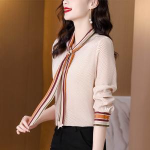 RM3671#新款长袖衬衫女气质飘带设计感小众时尚洋气条纹印花衬衣