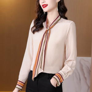 RM3671#新款长袖衬衫女气质飘带设计感小众时尚洋气条纹印花衬衣