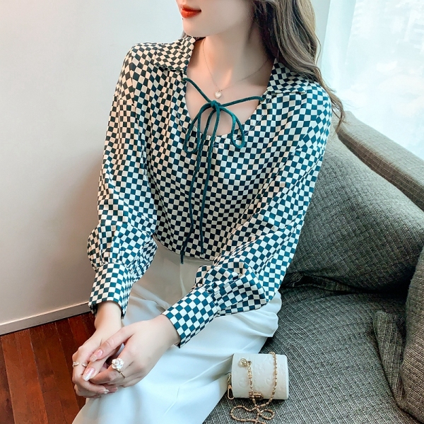 RM401#新款女装复古棋盘格雪纺衫小众长袖系带衬衫上衣