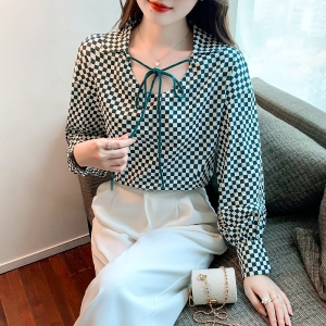 RM401#新款女装复古棋盘格雪纺衫小众长袖系带衬衫上衣