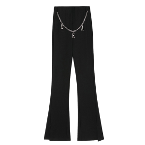 PS30478# 春季新款高腰垂坠感链条开叉微喇叭裤女黑色西装拖地长裤