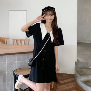 RM4344#夏季新款大码娃娃领黑色裙子收腰气质短袖连衣裙 M-4XL200斤