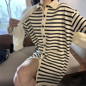 PS10743# 早春韩国时尚天后条纹针织单排扣连衣裙女 服装批发女装直播货源
