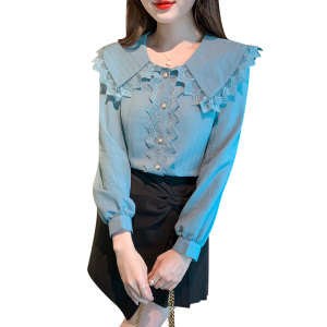 PS11258# 春季新款娃娃领蕾丝衫拼接衬衫女雪纺上衣气质长袖打底衫 服装批发女装直播货源