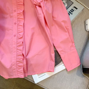 PS11104# 大码女装粉色花边衬衫女设计感新款春季洋气翻领泡泡袖上衣 服装批发女装直播货源