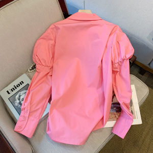 PS11104# 大码女装粉色花边衬衫女设计感新款春季洋气翻领泡泡袖上衣 服装批发女装直播货源