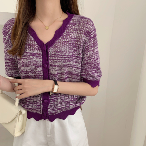RM5024#夏装新品~2色拼色v领短款针织开衫上衣