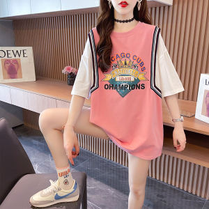PS15325# 夏季新款设计感假两件短袖T恤女宽松大码女装胖mm篮球服 服装批发女装直播货源
