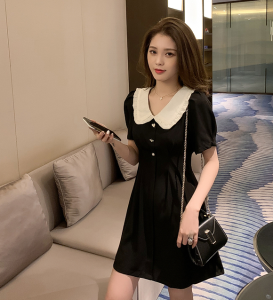 RM46#夏季新款大码女装娃娃领黑色裙子收腰气质短袖连衣裙 M-4XL200斤