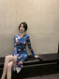 Girls' improved cheongsam split print buttock dress