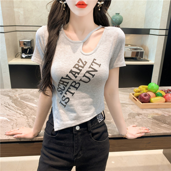 RM11951#夏新款性感短款镂空锁骨上衣设计感t恤女