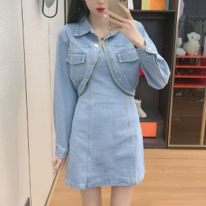 PS11515# 韩版时尚牛仔套装女春季新款短款外套上衣吊带连衣裙两件套潮 服装批发女装直播货源