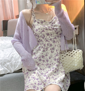 PS15050# 香芋紫冰丝防晒开衫外套+碎花吊带小个子显瘦连衣裙