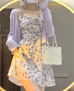 PS15050# 香芋紫冰丝防晒开衫外套+碎花吊带小个子显瘦连衣裙