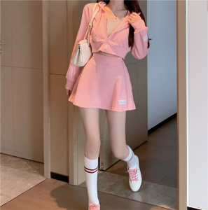 PS12161# 甜系粉色连帽短款卫衣+半身裙套装 服装批发女装直播货源
