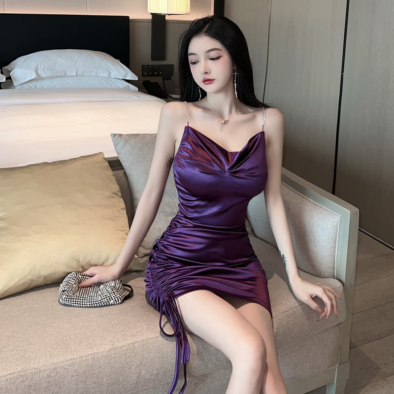 Real shot~Sexy purple imitation satin glossy slim fit hip-covering drawstring suspender dress for women