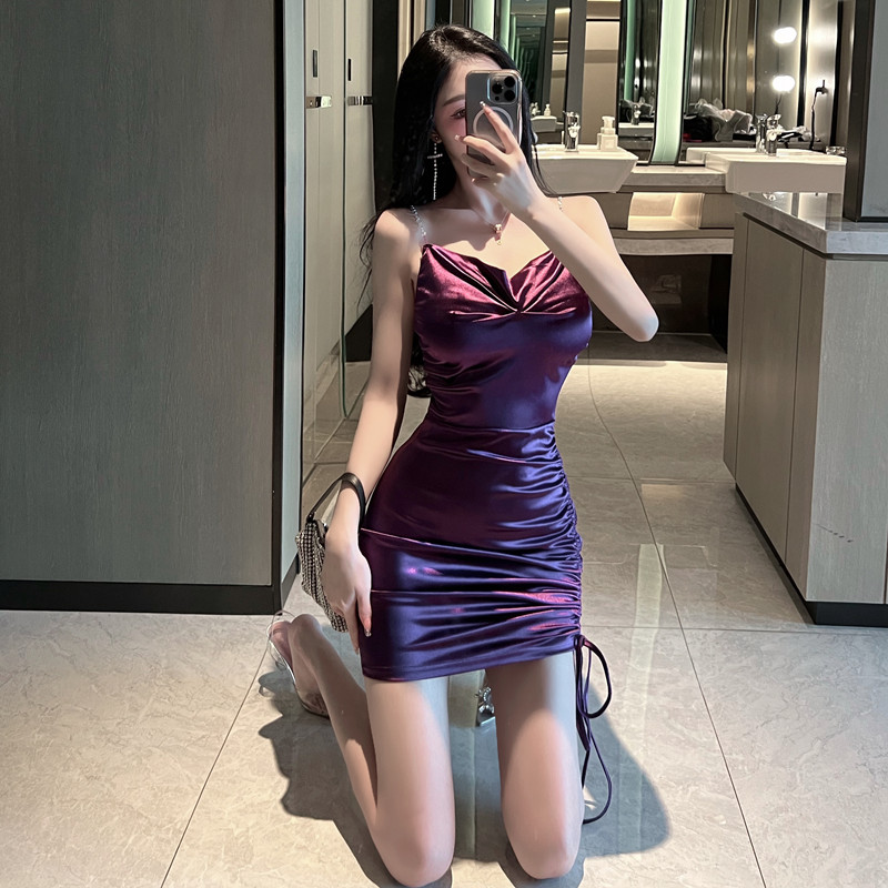 Real shot~Sexy purple imitation satin glossy slim fit hip-covering drawstring suspender dress for women