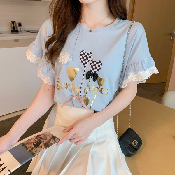 RM2120#夏季新款设计感洋气卡通印花蕾丝边重工短袖T恤上衣