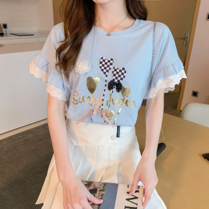RM2120#夏季新款设计感洋气卡通印花蕾丝边重工短袖T恤上衣