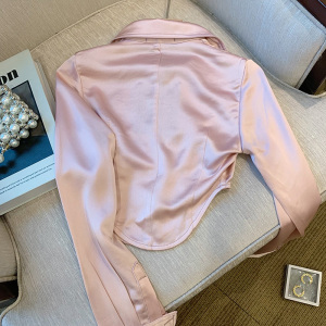 PS14722# 粉色高级感衬衫外套女设计感小众春季新款名媛风长袖尖领上衣 服装批发女装直播货源
