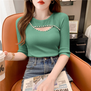 RM2915#夏季新款修身时尚重工手工串珠钻冰丝针织短袖T恤上衣女