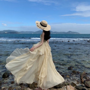 KM19219#三亚沙滩裙女夏吊带海边度假连衣裙仙女旅游拍照长裙超仙荷叶边裙