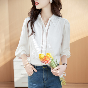 RM1021#白色衬衫女2023年春季新款法式洋气宽松别致衬衣蕾丝领长袖上衣