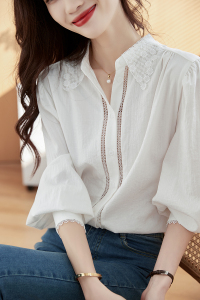 RM1021#白色衬衫女2023年春季新款法式洋气宽松别致衬衣蕾丝领长袖上衣