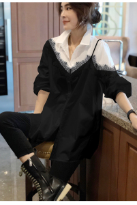 PS14820# 黑色拼接设计感衬衫女上衣长袖时尚洋气欧货春装新款欧洲站 服装批发女装直播货源