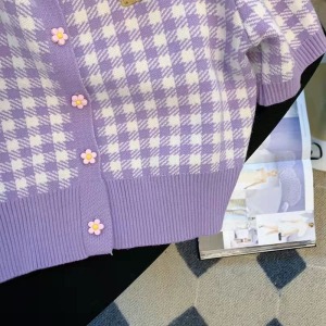 PS13169# 紫色短袖毛衣女早春新款韩系百搭格子针织上衣 服装批发女装直播货源
